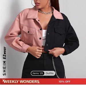 SHEIN crop button up jean jacket black & pink